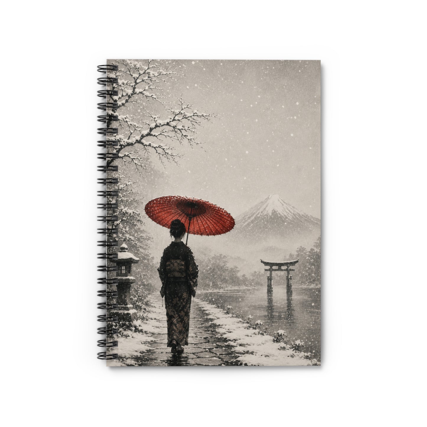 Japanese Winter Scene Spiral Notebook — Woman with Red Umbrella & Mount Fuji Ruled Journal
