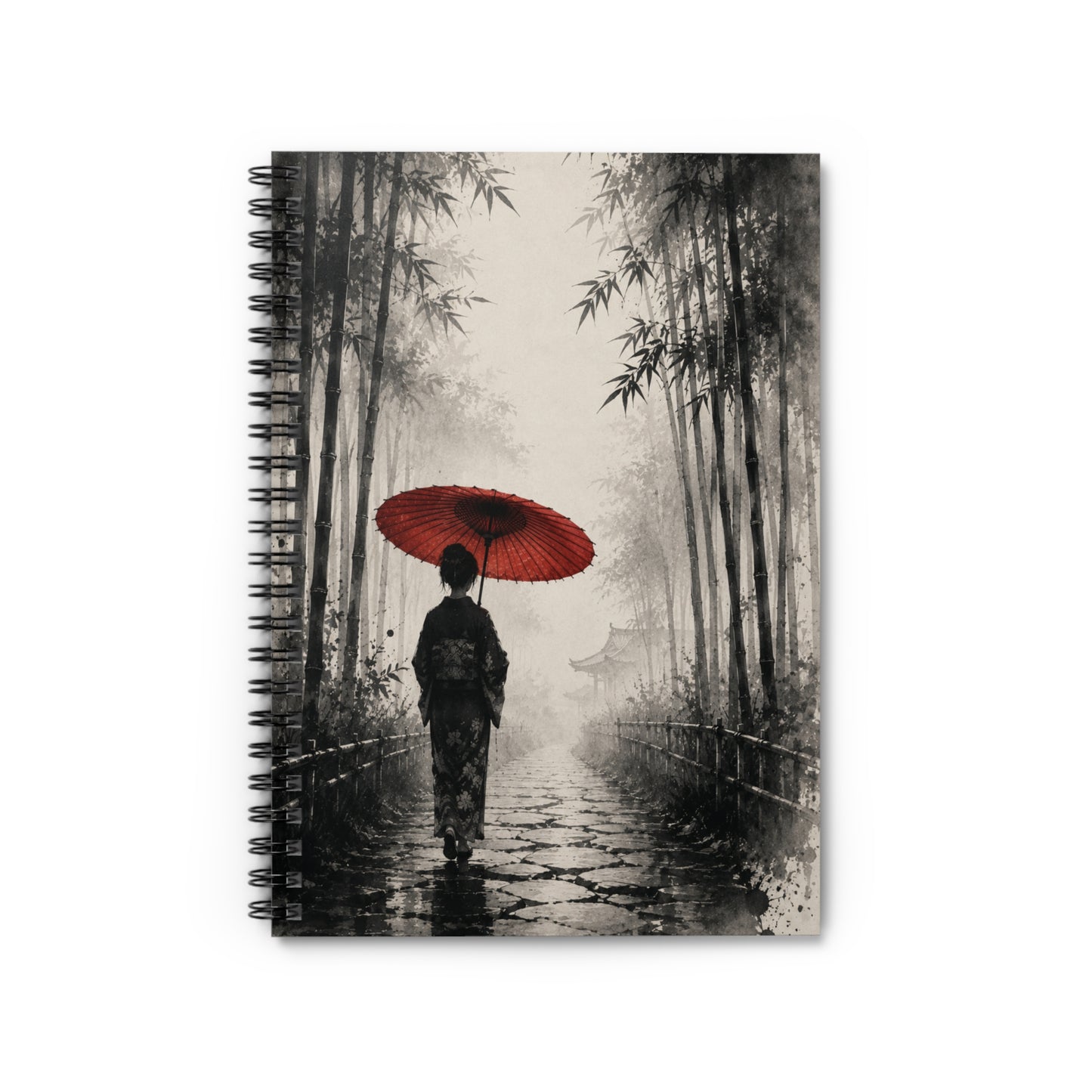 Japanese Geisha with Red Umbrella Spiral Notebook — Lined Journal, Zen Bamboo Path Writing Notebook