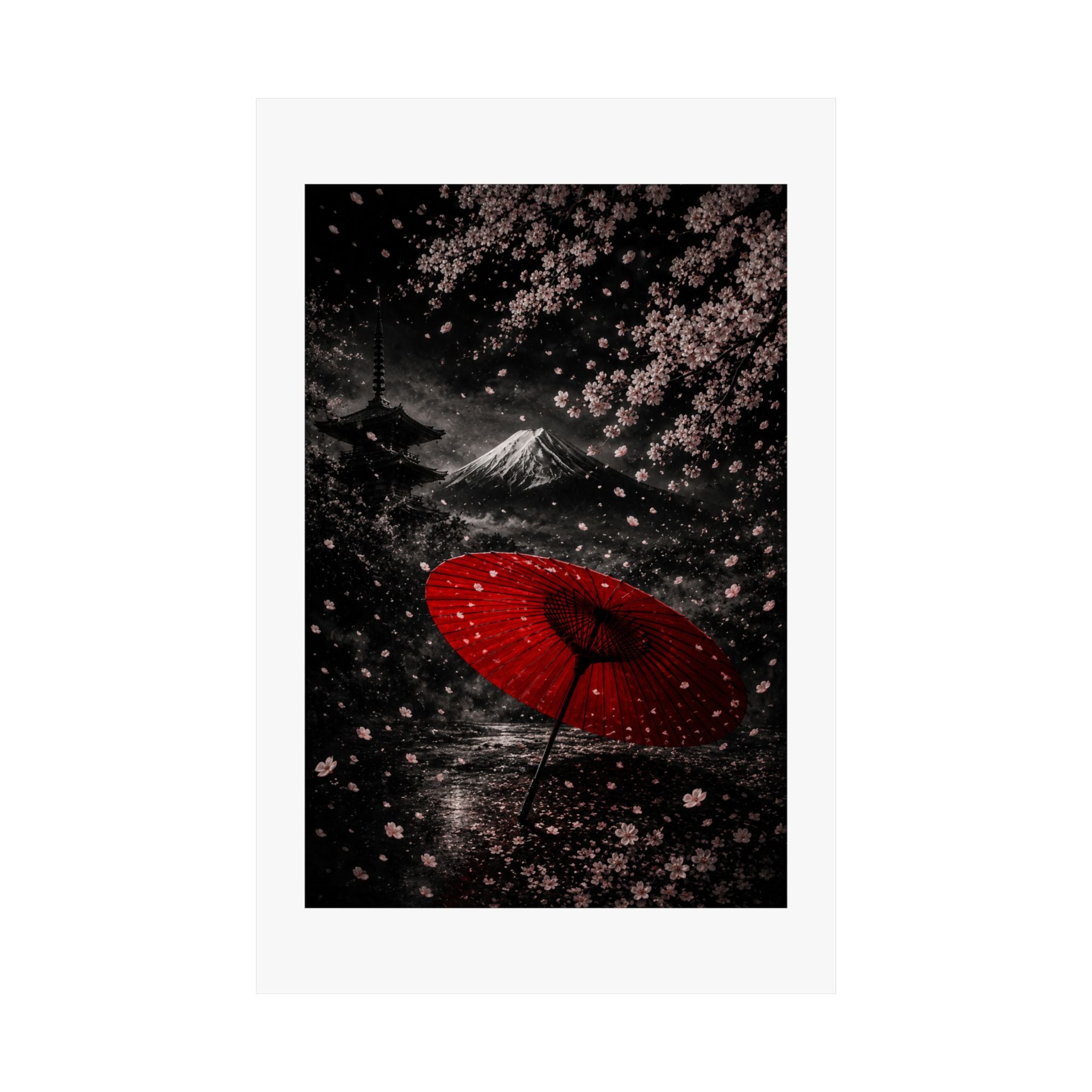 Japanese Cherry Blossom Poster — Red Umbrella & Mt. Fuji Matte Vertical Art