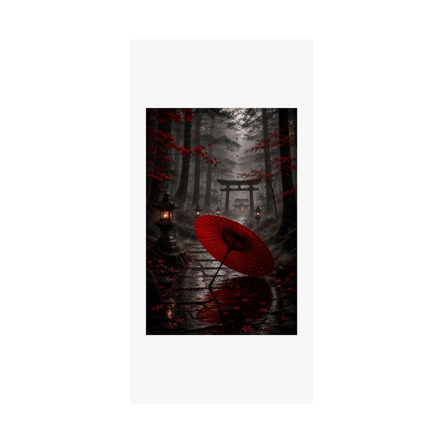 Japanese Torii Forest Poster — Red Umbrella Matte Vertical Art Print