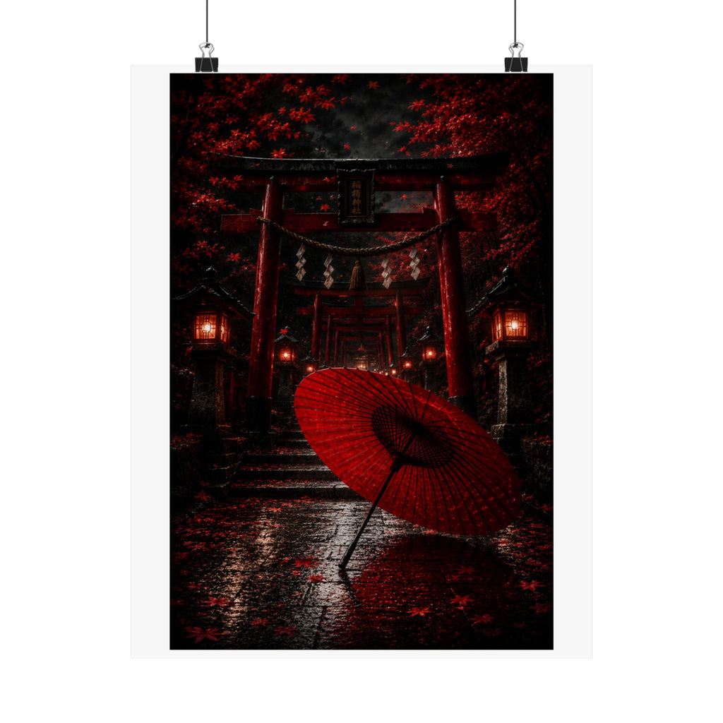 Japanese Torii Gate Poster — Red Umbrella Nightfall Matte Vertical Art