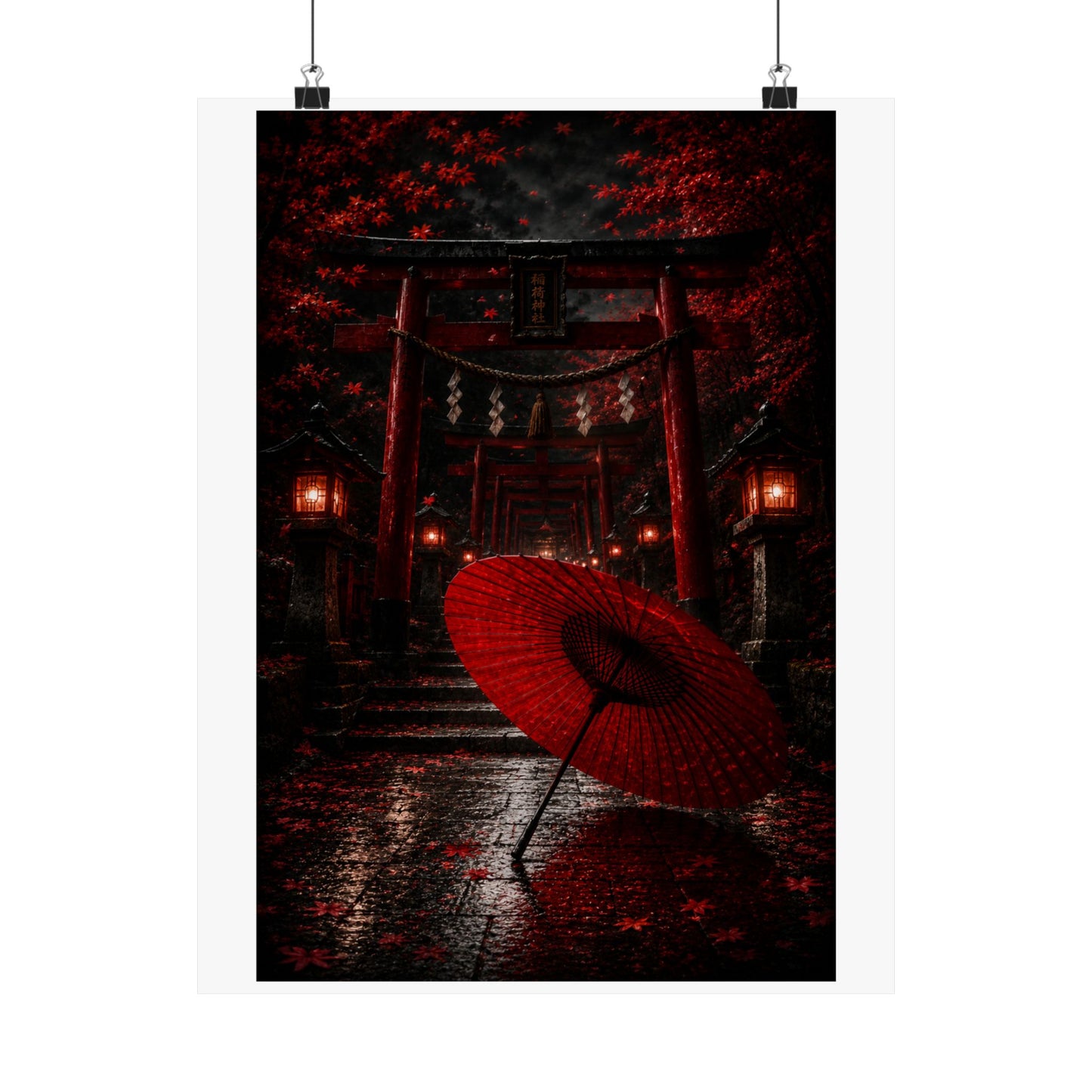 Japanese Torii Gate Poster — Red Umbrella Nightfall Matte Vertical Art