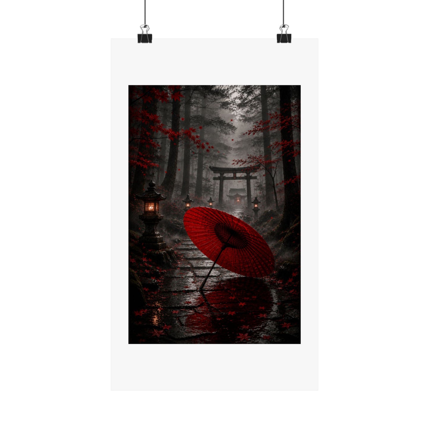 Japanese Torii Forest Poster — Red Umbrella Matte Vertical Art Print