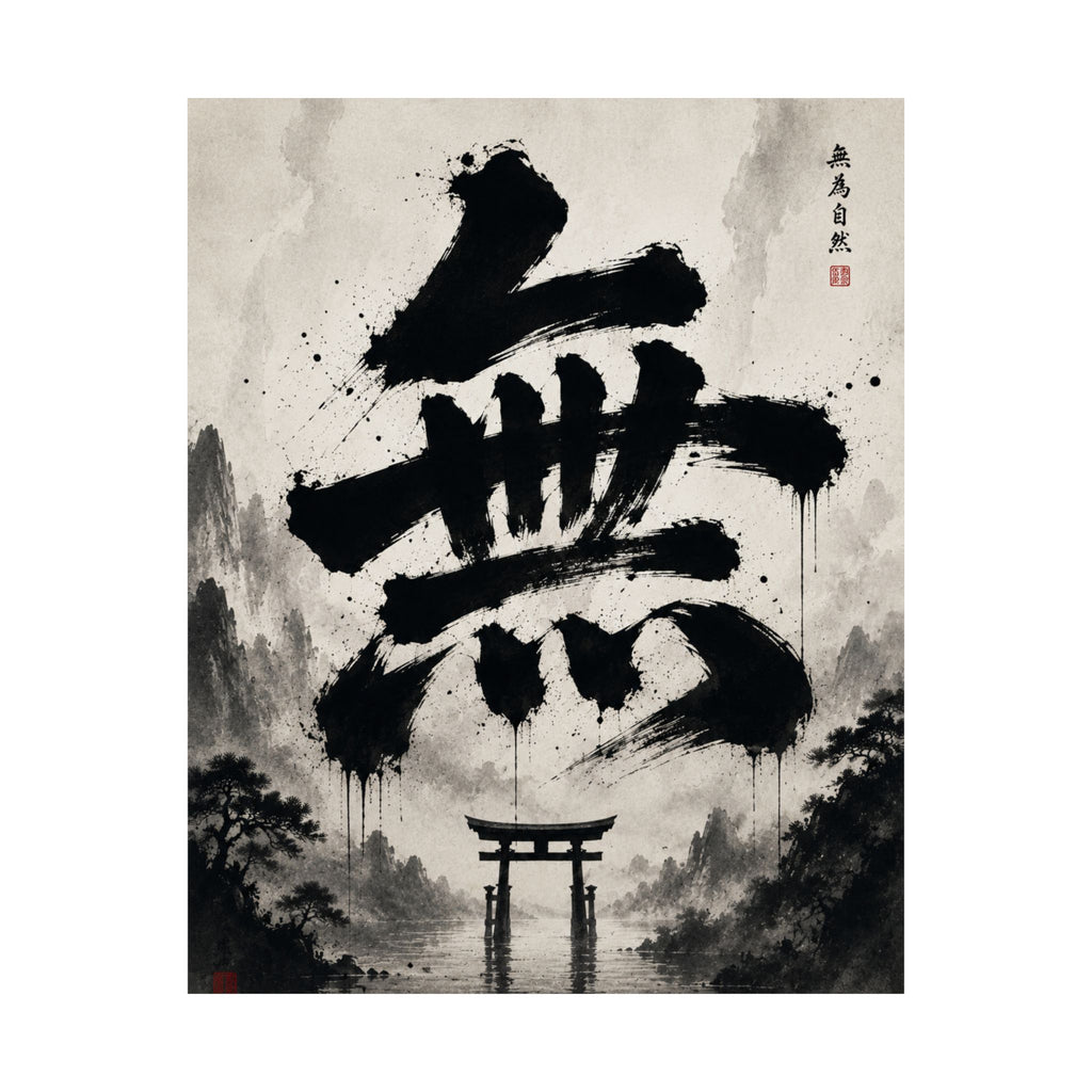 FUJI NOIR Matte Poster — Japanese Sumi-e 'Mu' Calligraphy with Torii Gate (Zen Wall Art)