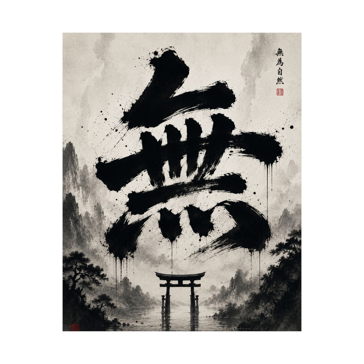 FUJI NOIR Matte Poster — Japanese Sumi-e 'Mu' Calligraphy with Torii Gate (Zen Wall Art)