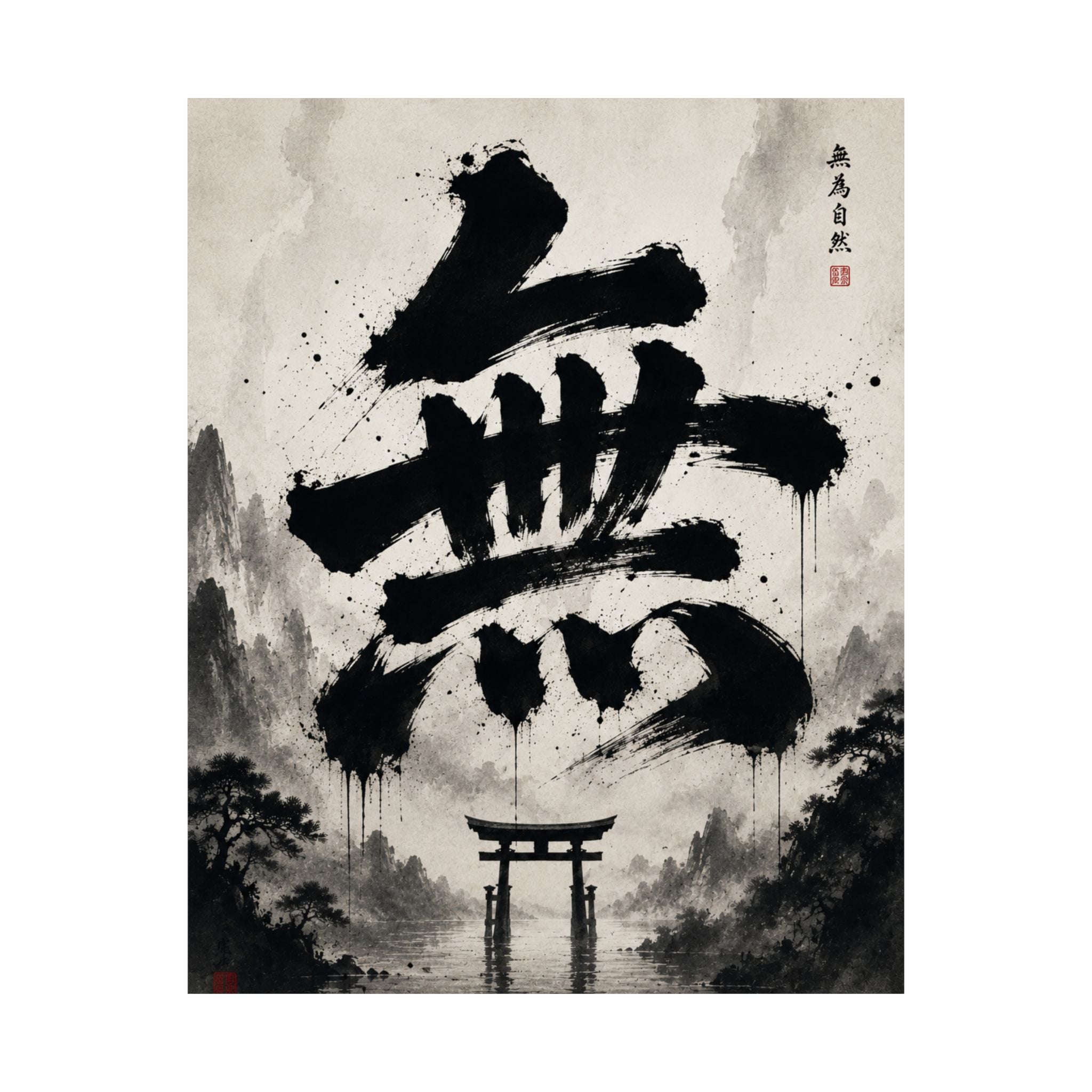FUJI NOIR Matte Poster — Japanese Sumi-e 'Mu' Calligraphy with Torii Gate (Zen Wall Art)