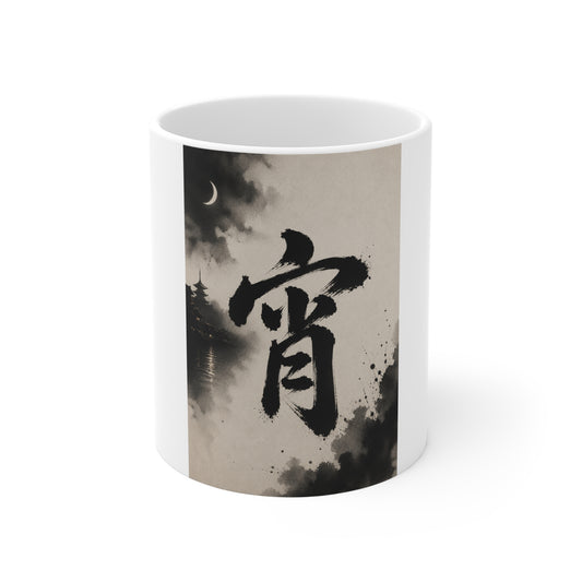 11oz Ceramic Mug — Japanese Kanji Moonscape Ink Art