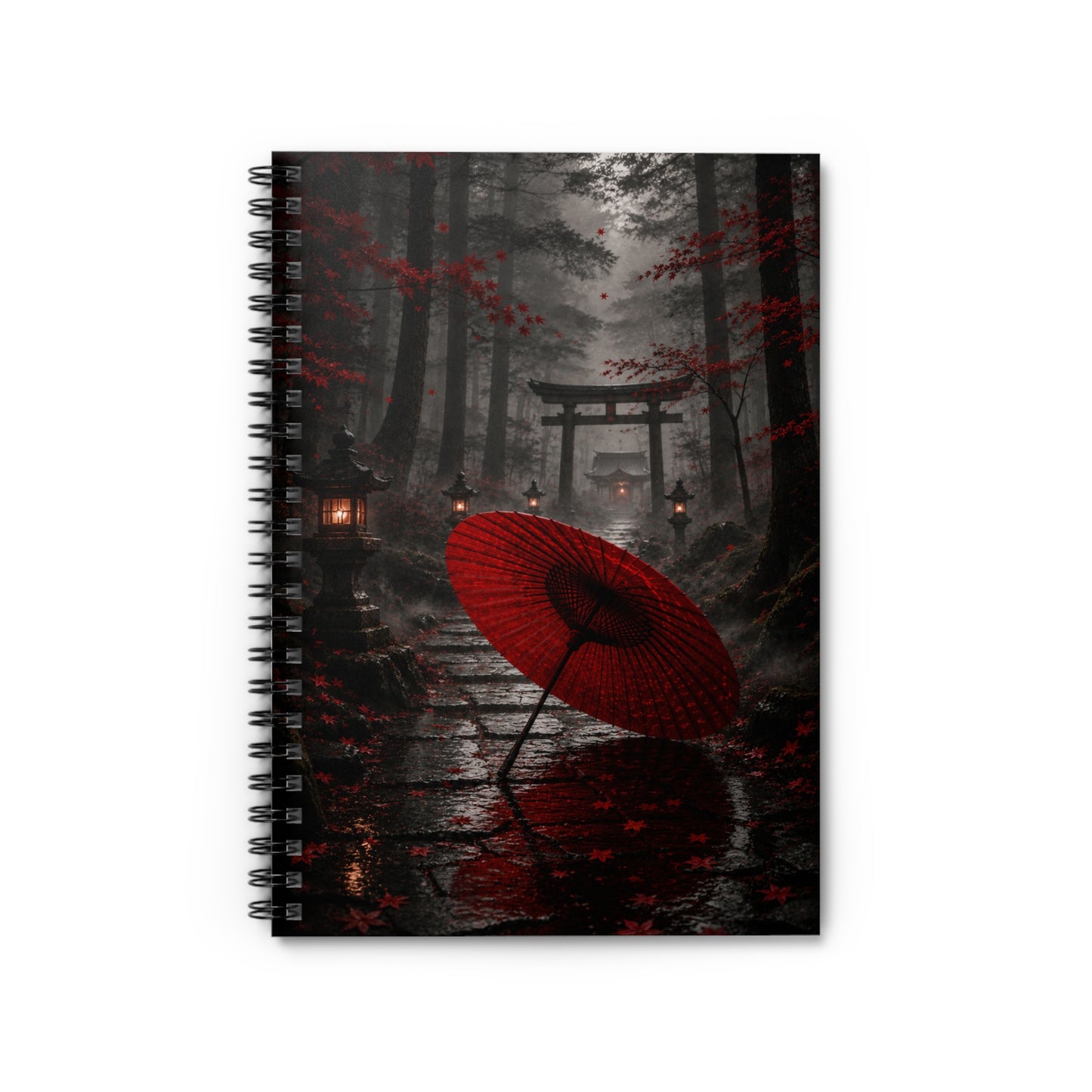 Red Umbrella Japanese Forest Spiral Notebook — Ruled Journal for Writing & Sketching
