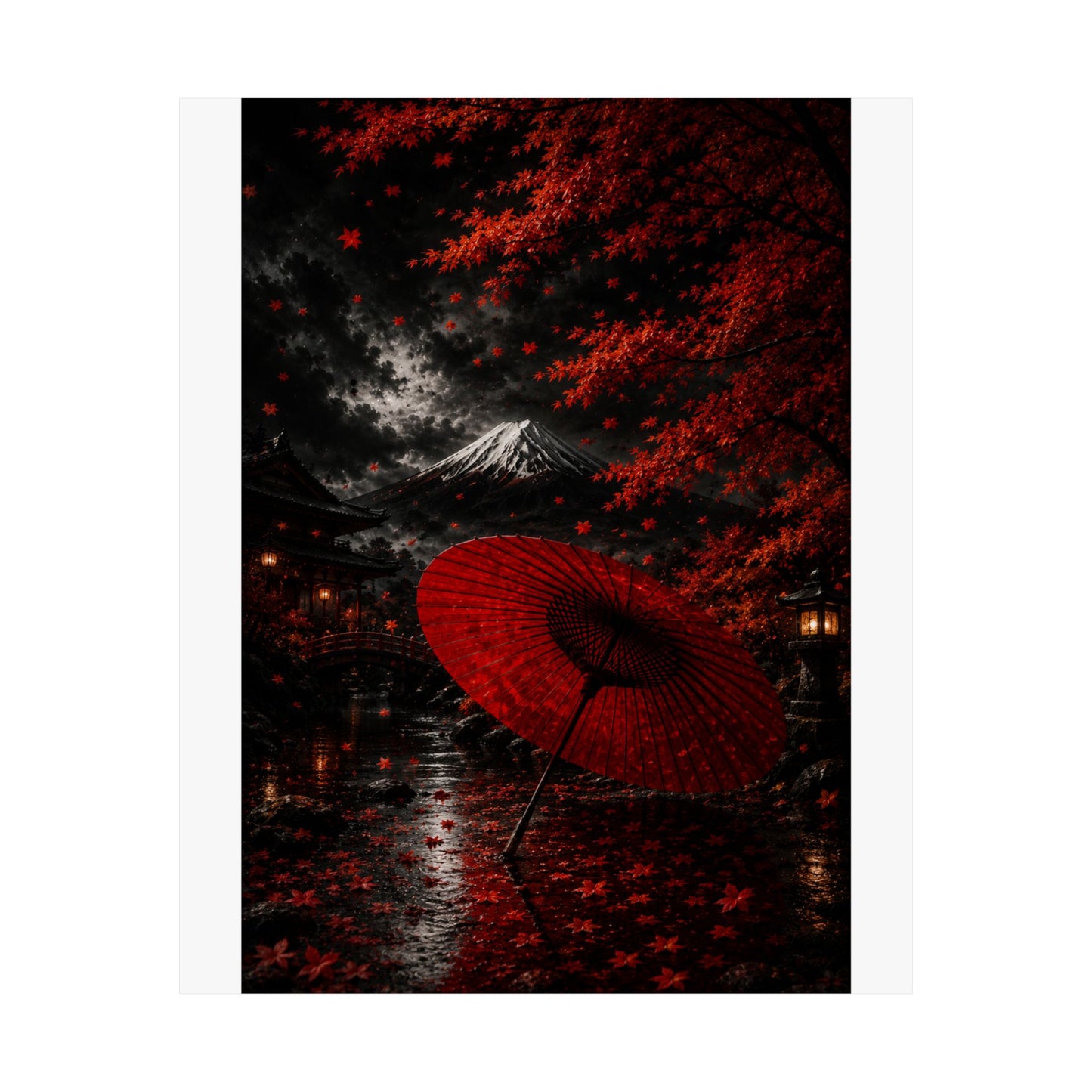 Red Umbrella Autumn Poster — Matte Vertical Japanese Landscape Print