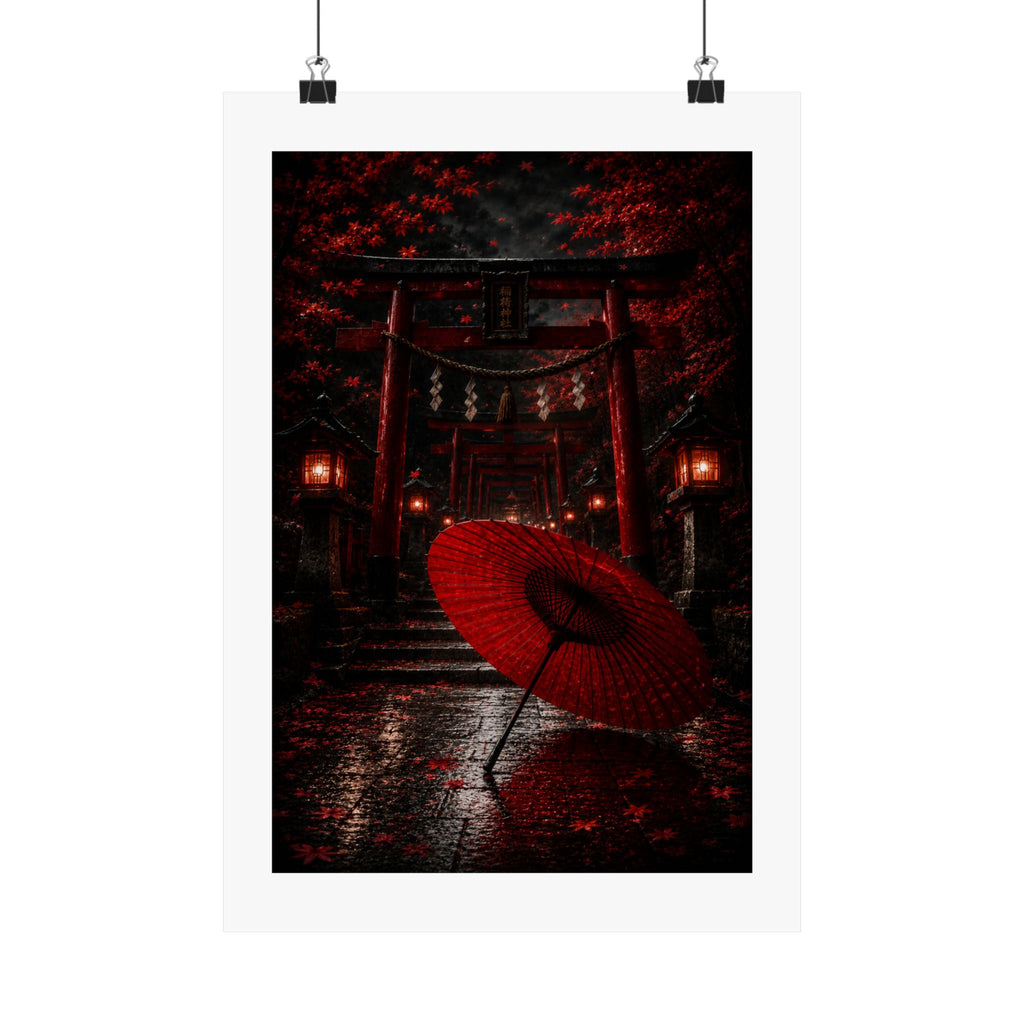 Japanese Torii Gate Poster — Red Umbrella Nightfall Matte Vertical Art