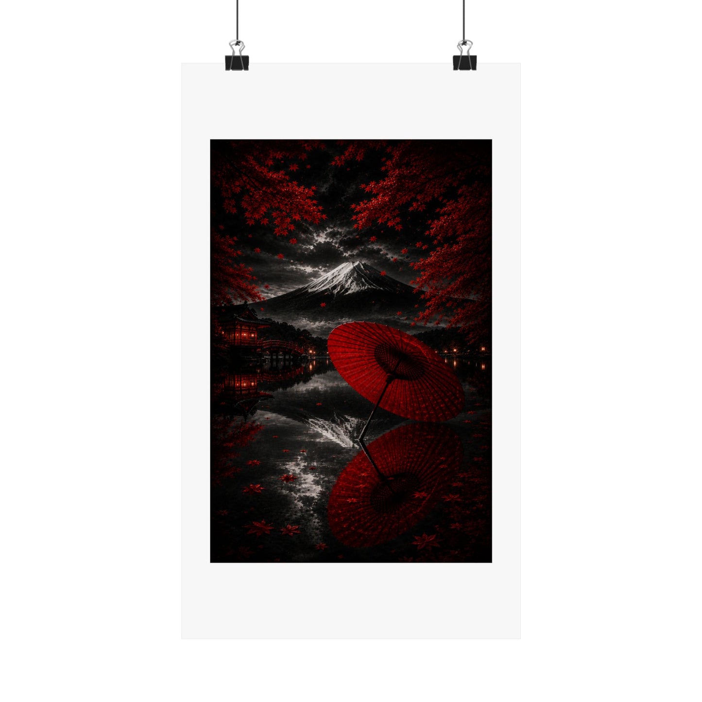 Japanese Red Umbrella & Mount Fuji Matte Poster — Vertical Wall Art