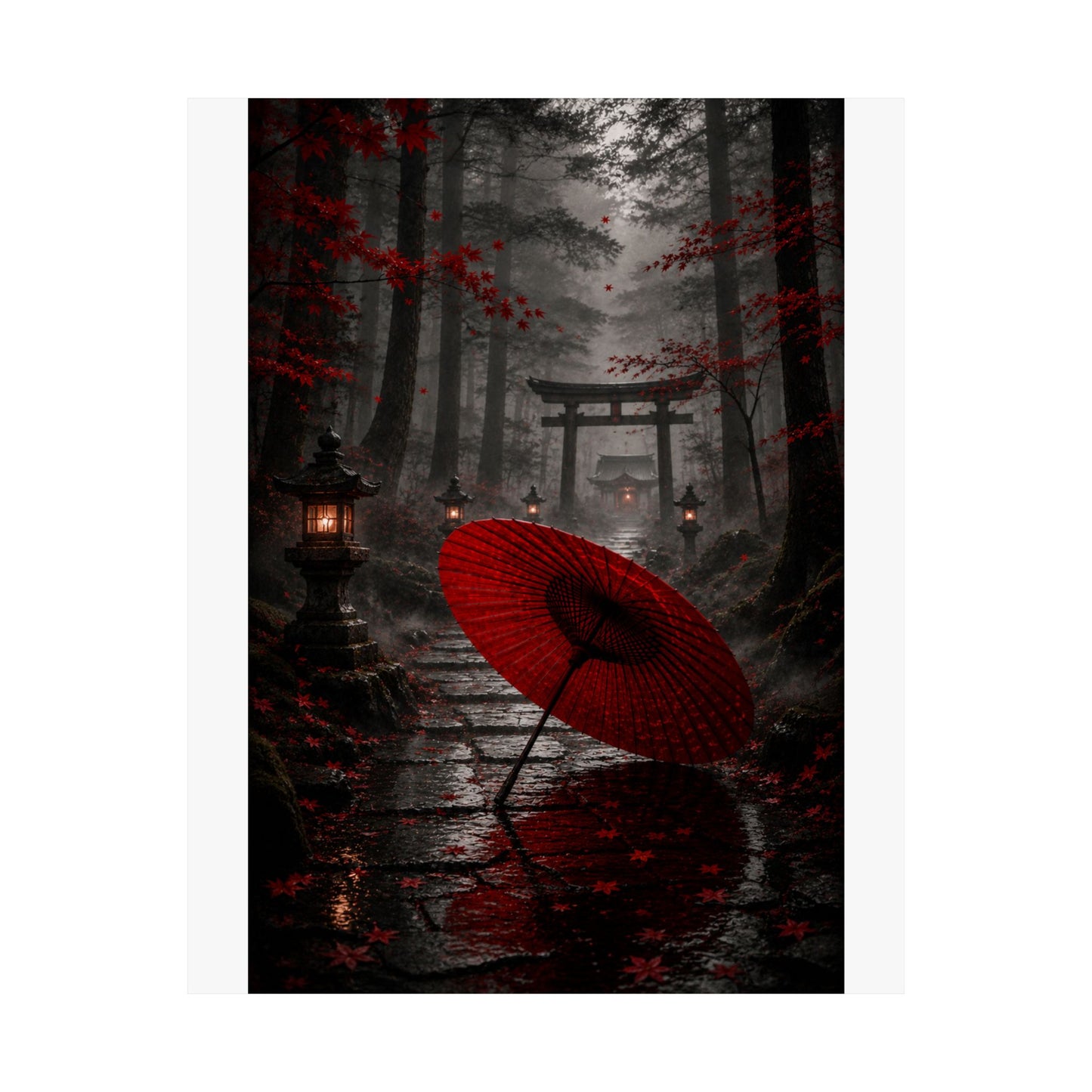 Japanese Torii Forest Poster — Red Umbrella Matte Vertical Art Print