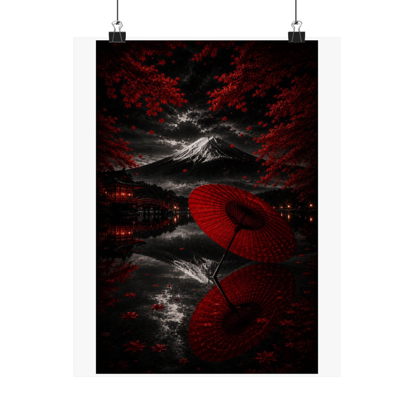 Japanese Red Umbrella & Mount Fuji Matte Poster — Vertical Wall Art