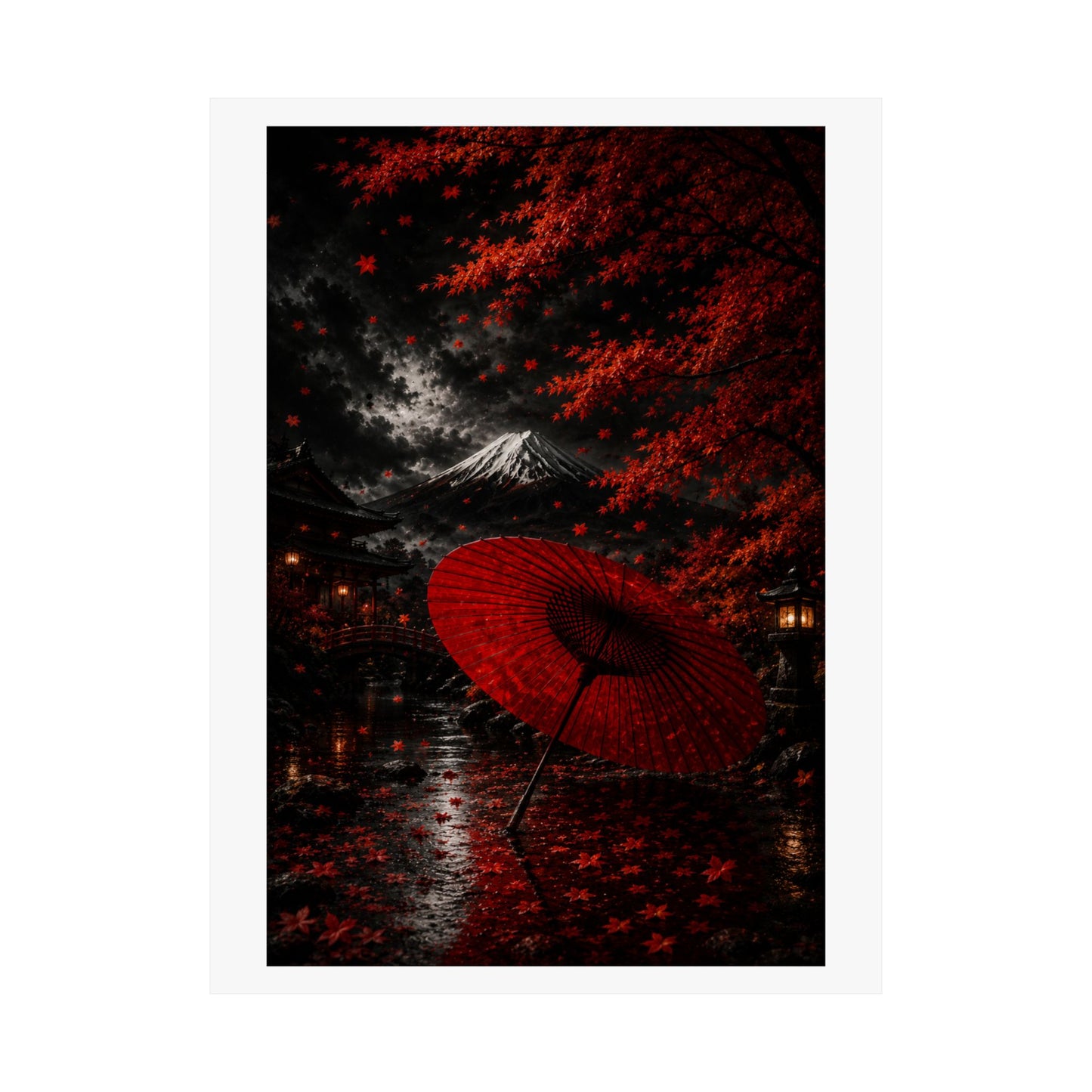Red Umbrella Autumn Poster — Matte Vertical Japanese Landscape Print