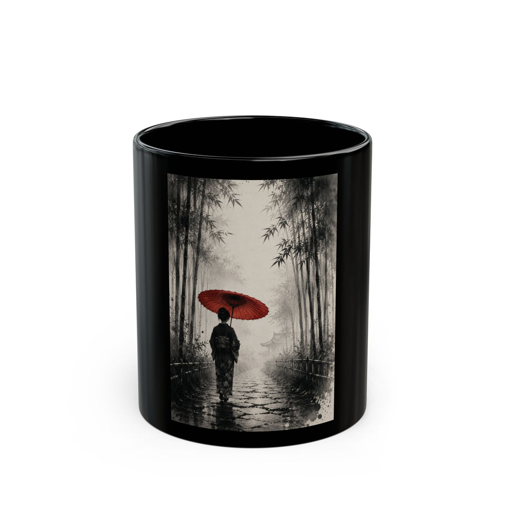 Black Ceramic Mug — Red Umbrella Silhouette in Bamboo Rain (11oz/15oz)