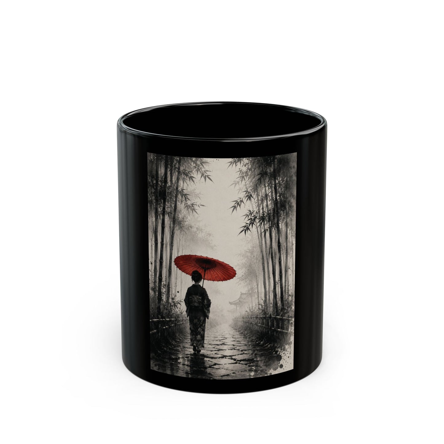 Black Ceramic Mug — Red Umbrella Silhouette in Bamboo Rain (11oz/15oz)