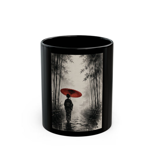 Black Ceramic Mug — Red Umbrella Silhouette in Bamboo Rain (11oz/15oz)