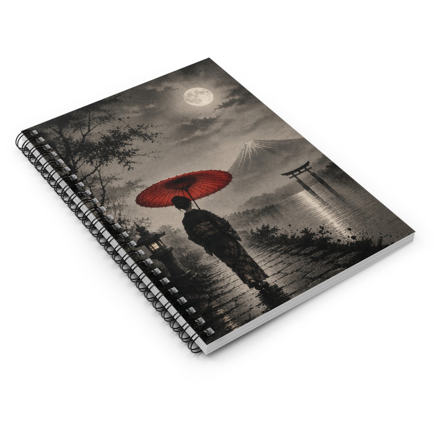 Moonlit Japanese Scene Spiral Notebook — Red Umbrella, Mount Fuji Journal