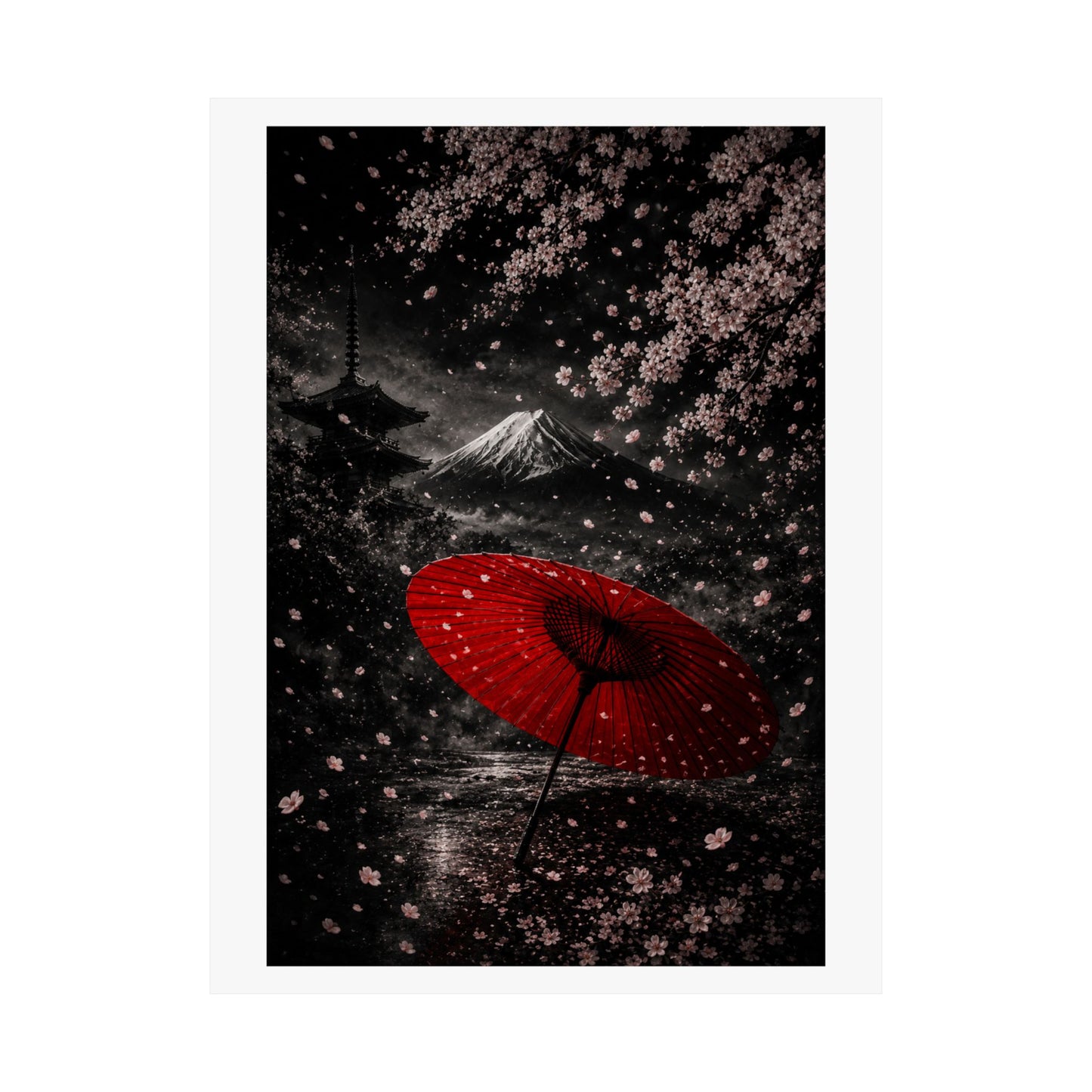 Japanese Cherry Blossom Poster — Red Umbrella & Mt. Fuji Matte Vertical Art