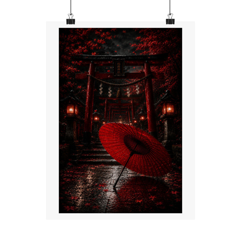 Japanese Torii Gate Poster — Red Umbrella Nightfall Matte Vertical Art