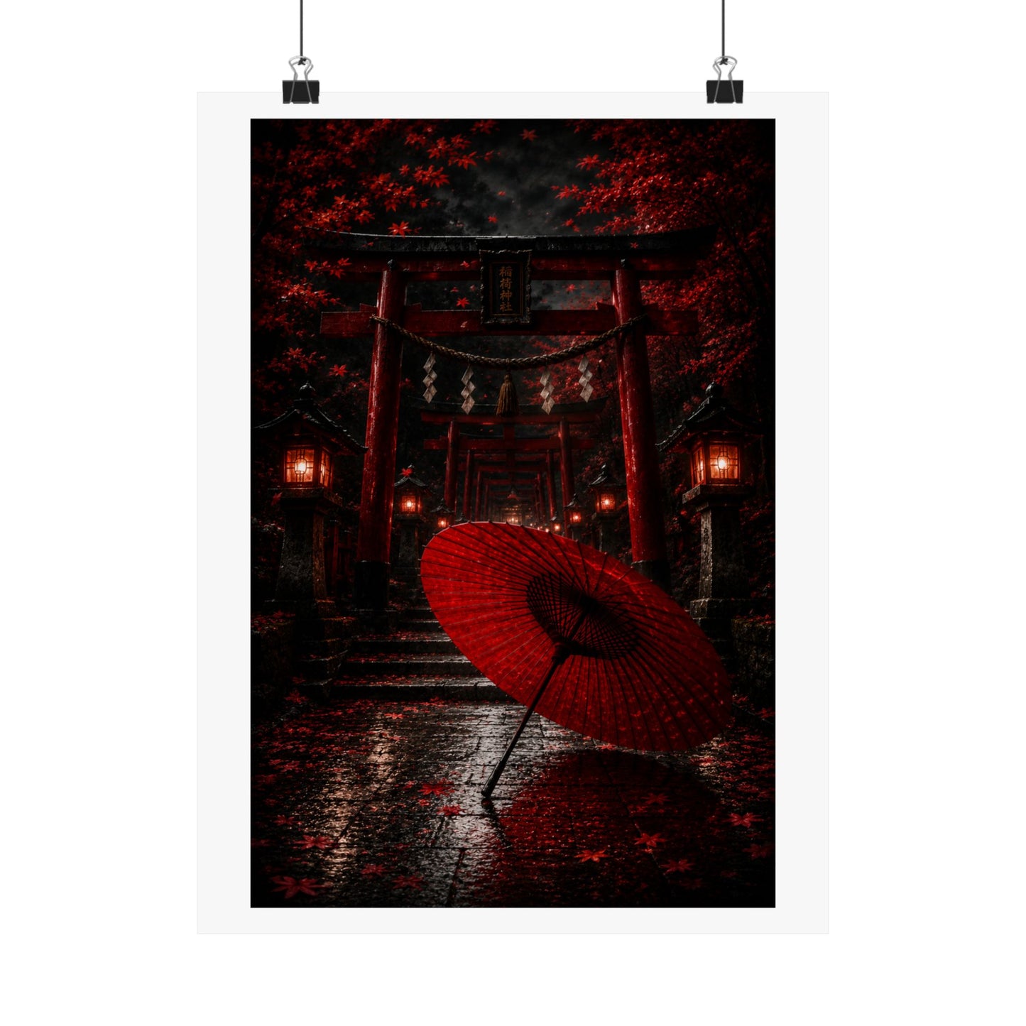 Japanese Torii Gate Poster — Red Umbrella Nightfall Matte Vertical Art