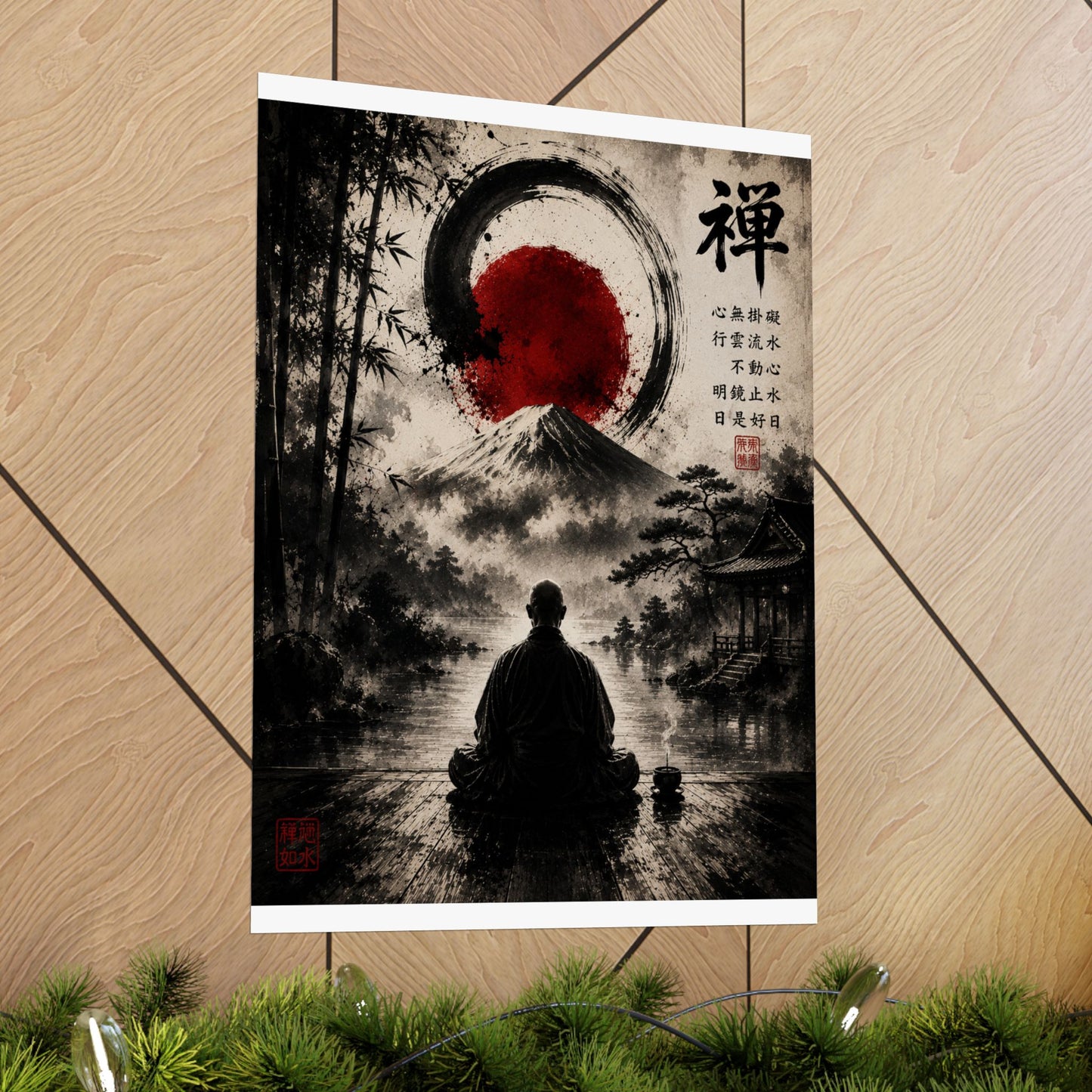 FUJI NOIR Zen Meditation Poster — Japanese Mountain & Enso Art Matte Vertical Print