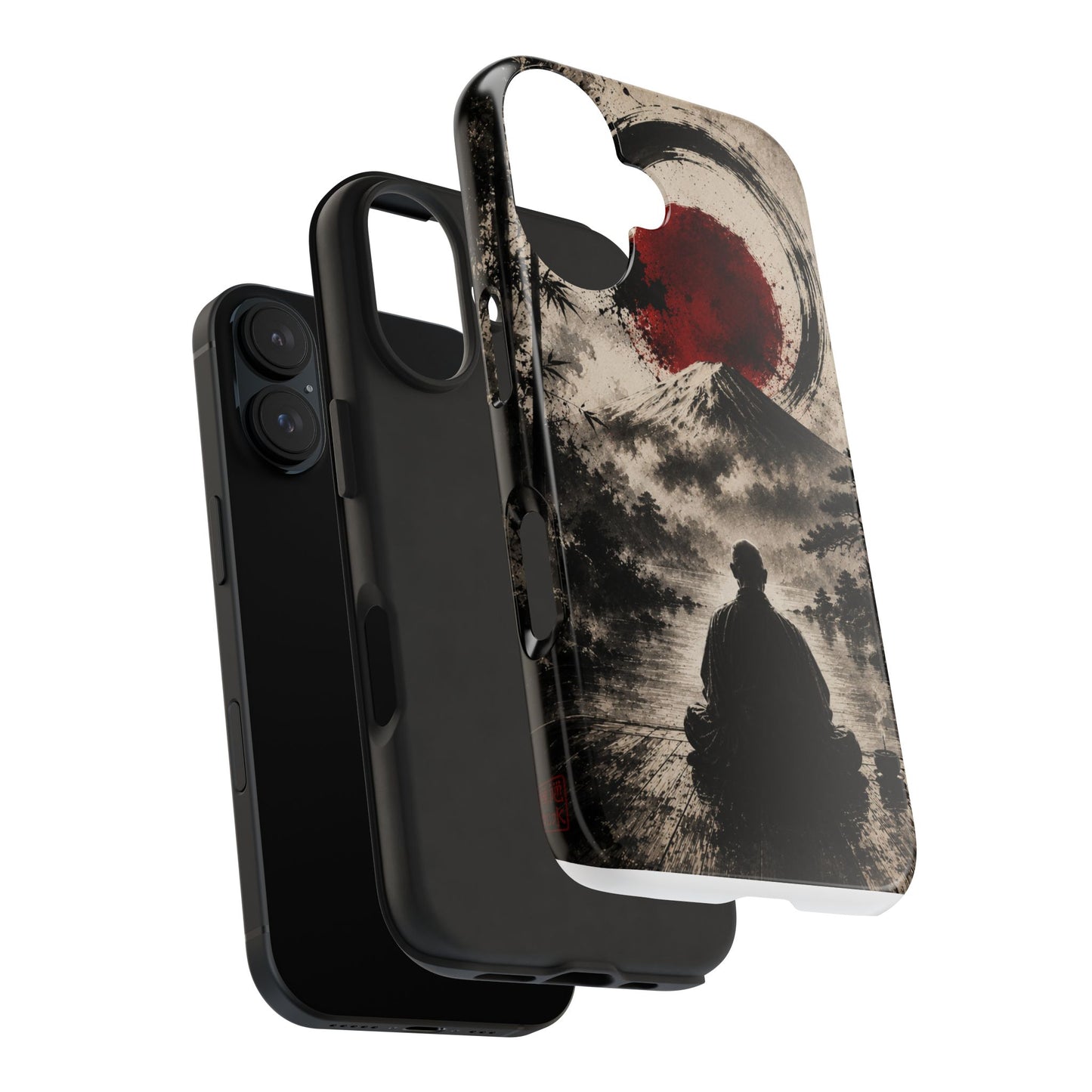 Zen Samurai Phone Case — Japanese Ink Mountain with Rising Sun Tough Protective Cover