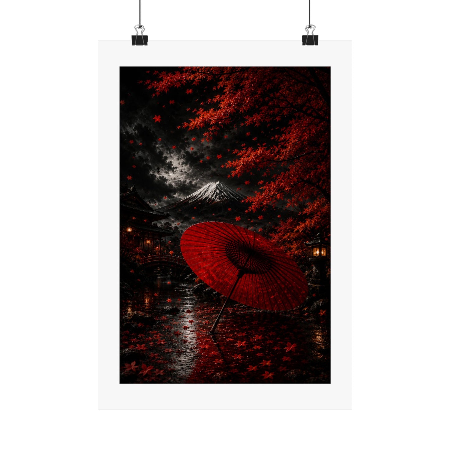 Red Umbrella Autumn Poster — Matte Vertical Japanese Landscape Print