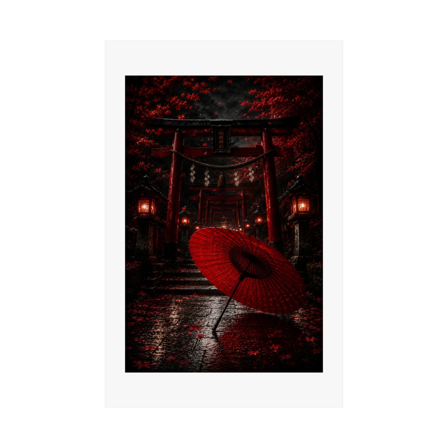 Japanese Torii Gate Poster — Red Umbrella Nightfall Matte Vertical Art