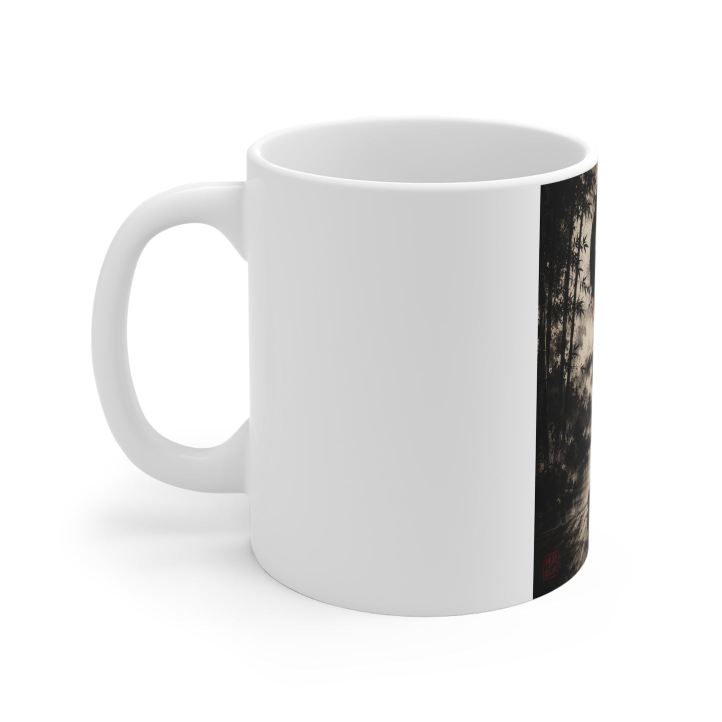 Zen Mountain Mug – Japanese Ink Art Coffee Cup with Red Sun & Kanji