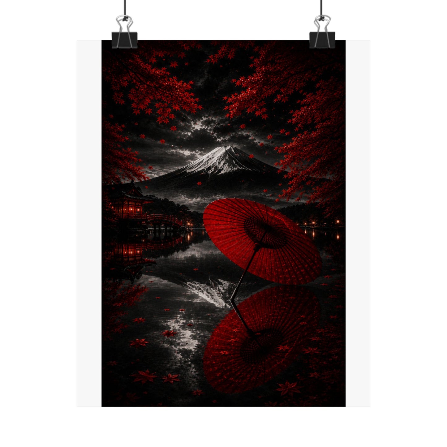 Japanese Red Umbrella & Mount Fuji Matte Poster — Vertical Wall Art