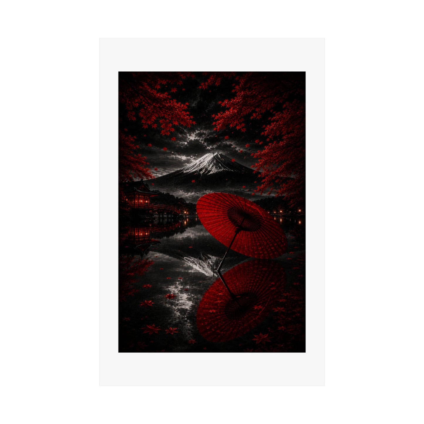 Japanese Red Umbrella & Mount Fuji Matte Poster — Vertical Wall Art
