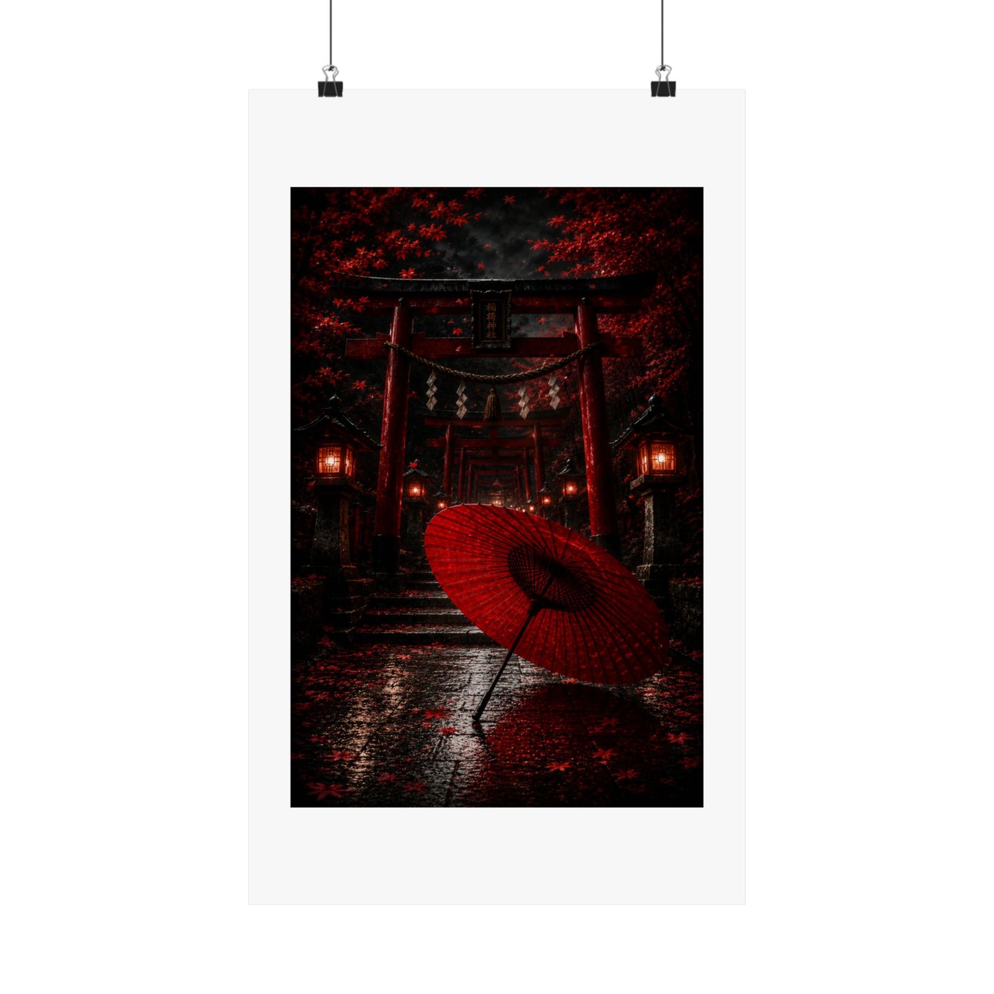 Japanese Torii Gate Poster — Red Umbrella Nightfall Matte Vertical Art