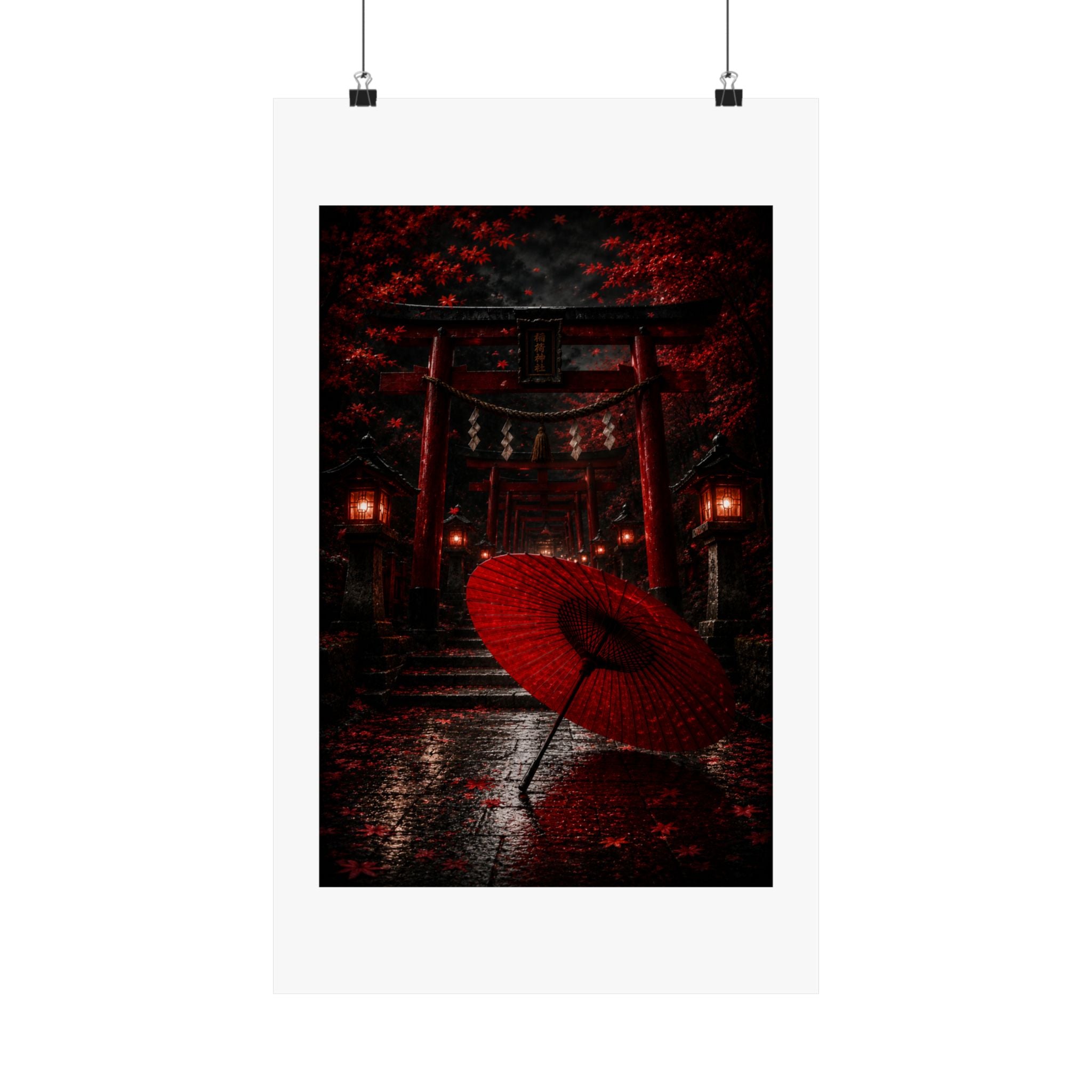 Japanese Torii Gate Poster — Red Umbrella Nightfall Matte Vertical Art