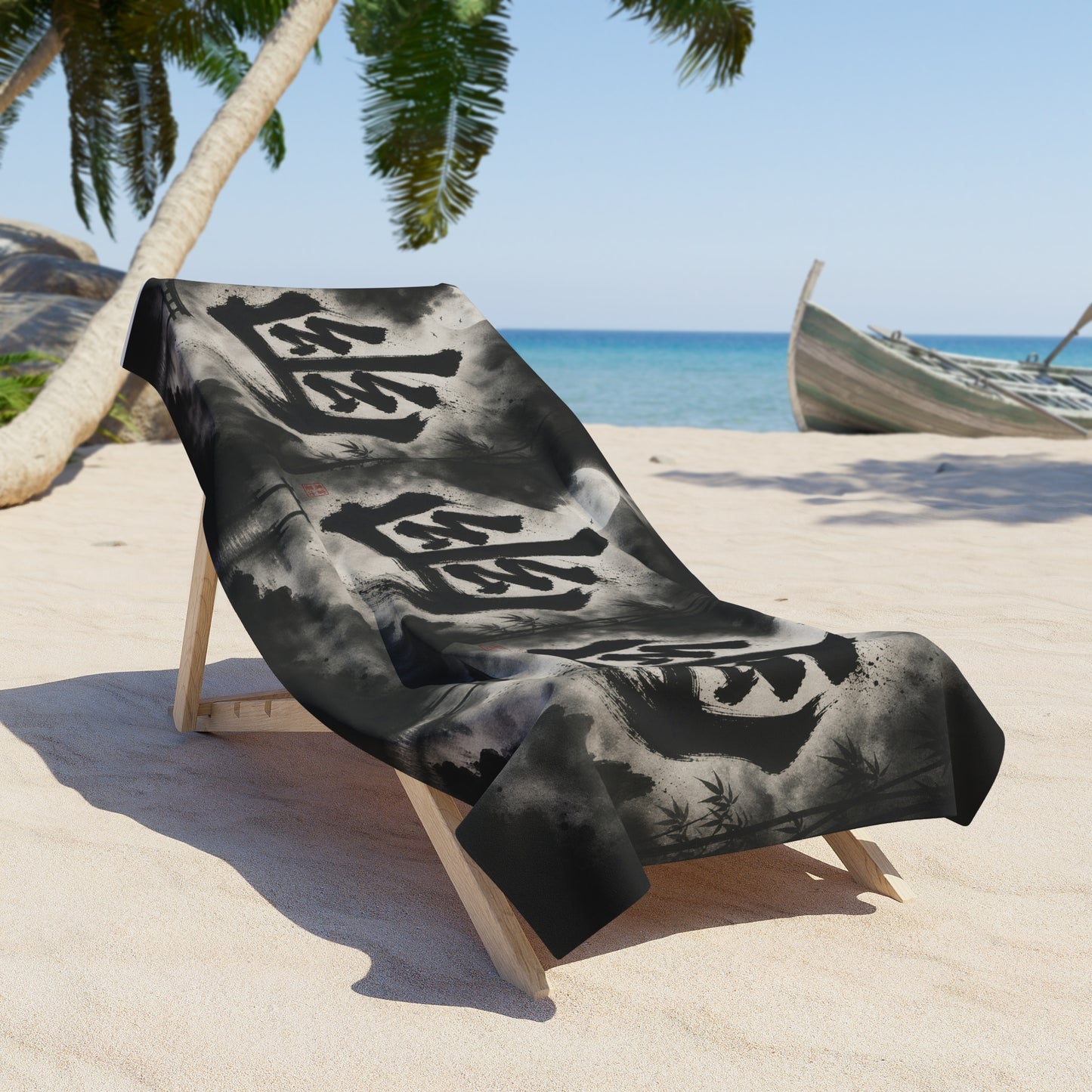 Japanese Kanji 'Ghost' Beach Towel – Moonlit Samurai Gothic Design