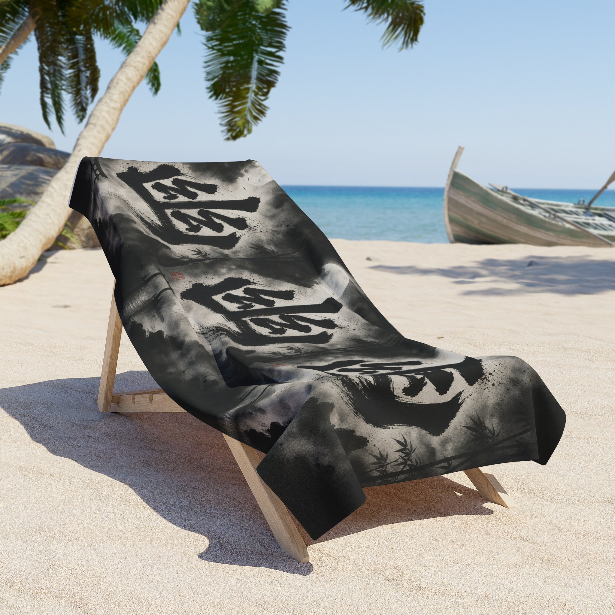 Japanese Kanji 'Ghost' Beach Towel – Moonlit Samurai Gothic Design