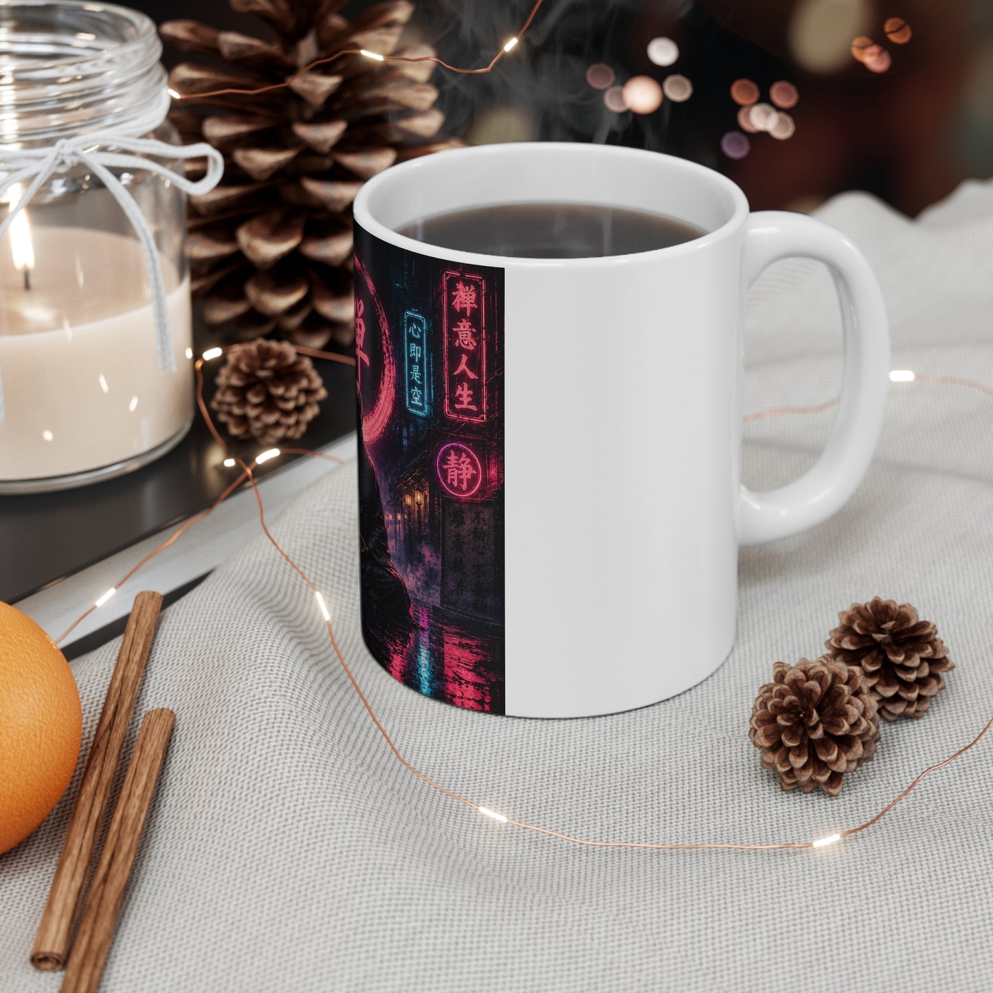 Zen Neon Mug — Meditating Monk with Pink Kanji Circle (11 oz)
