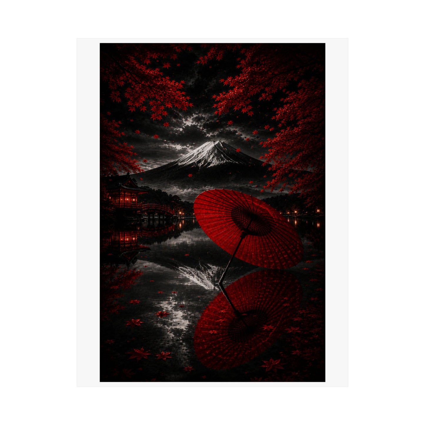Japanese Red Umbrella & Mount Fuji Matte Poster — Vertical Wall Art
