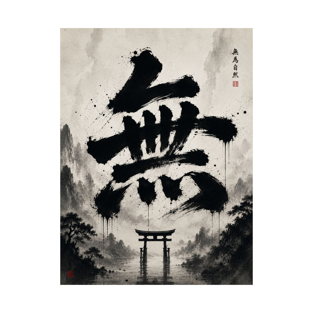 FUJI NOIR Matte Poster — Japanese Sumi-e 'Mu' Calligraphy with Torii Gate (Zen Wall Art)