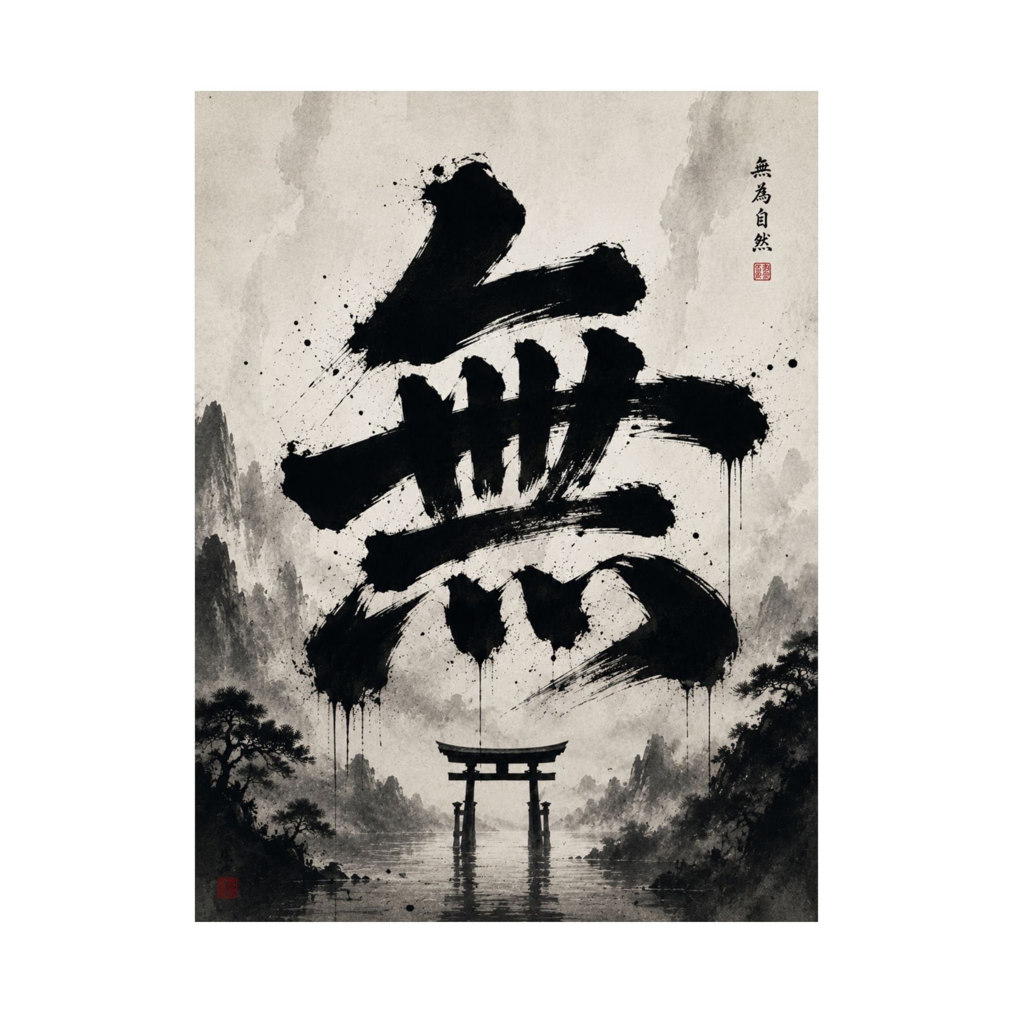 FUJI NOIR Matte Poster — Japanese Sumi-e 'Mu' Calligraphy with Torii Gate (Zen Wall Art)