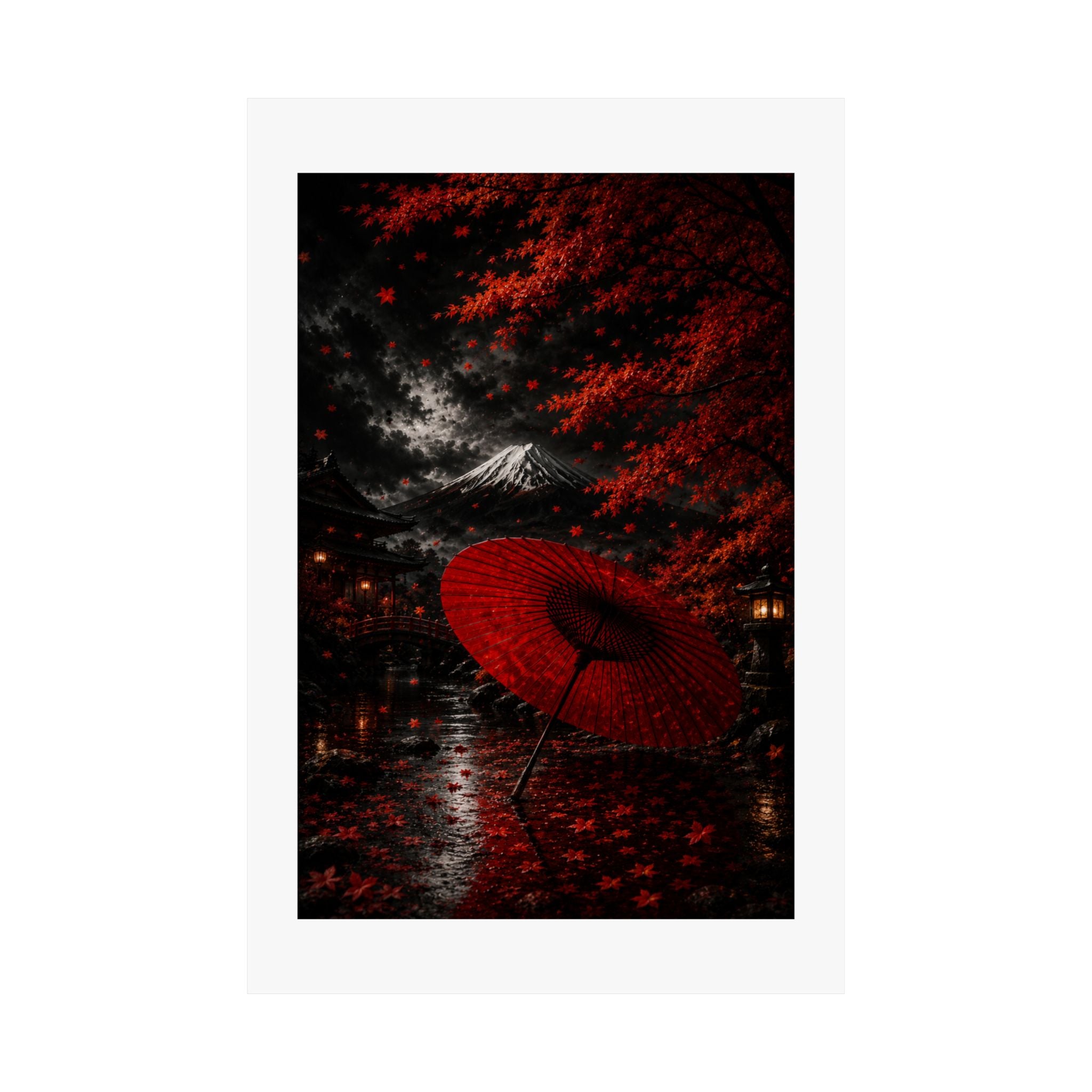 Red Umbrella Autumn Poster — Matte Vertical Japanese Landscape Print