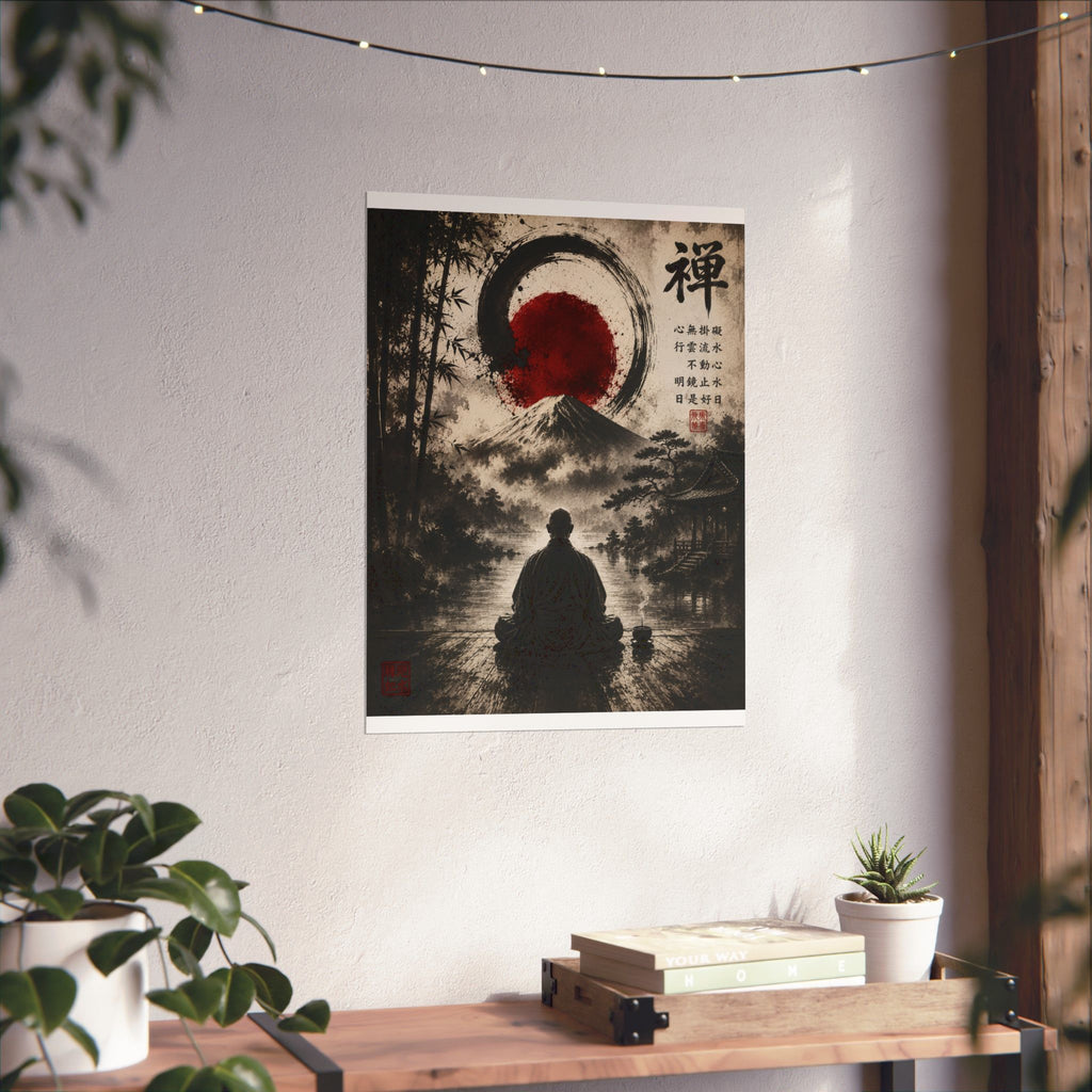 FUJI NOIR Zen Meditation Poster — Japanese Mountain & Enso Art Matte Vertical Print