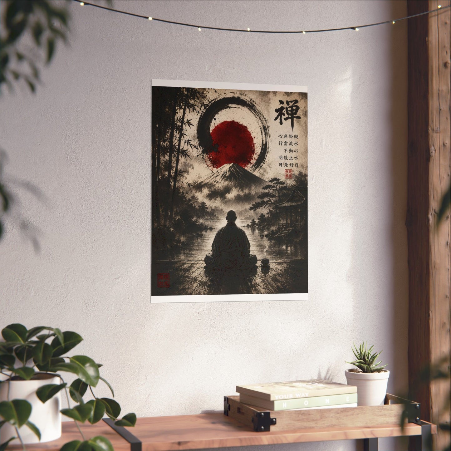 FUJI NOIR Zen Meditation Poster — Japanese Mountain & Enso Art Matte Vertical Print