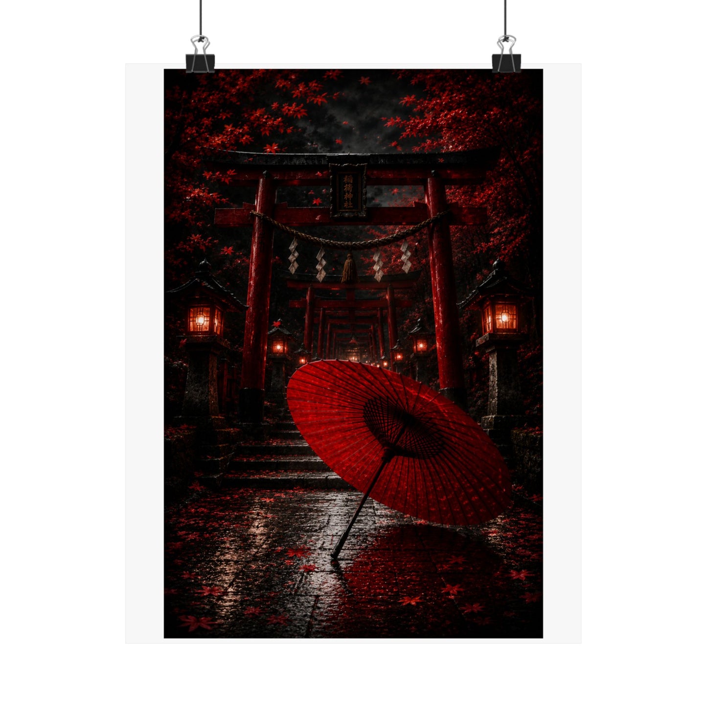 Japanese Torii Gate Poster — Red Umbrella Nightfall Matte Vertical Art