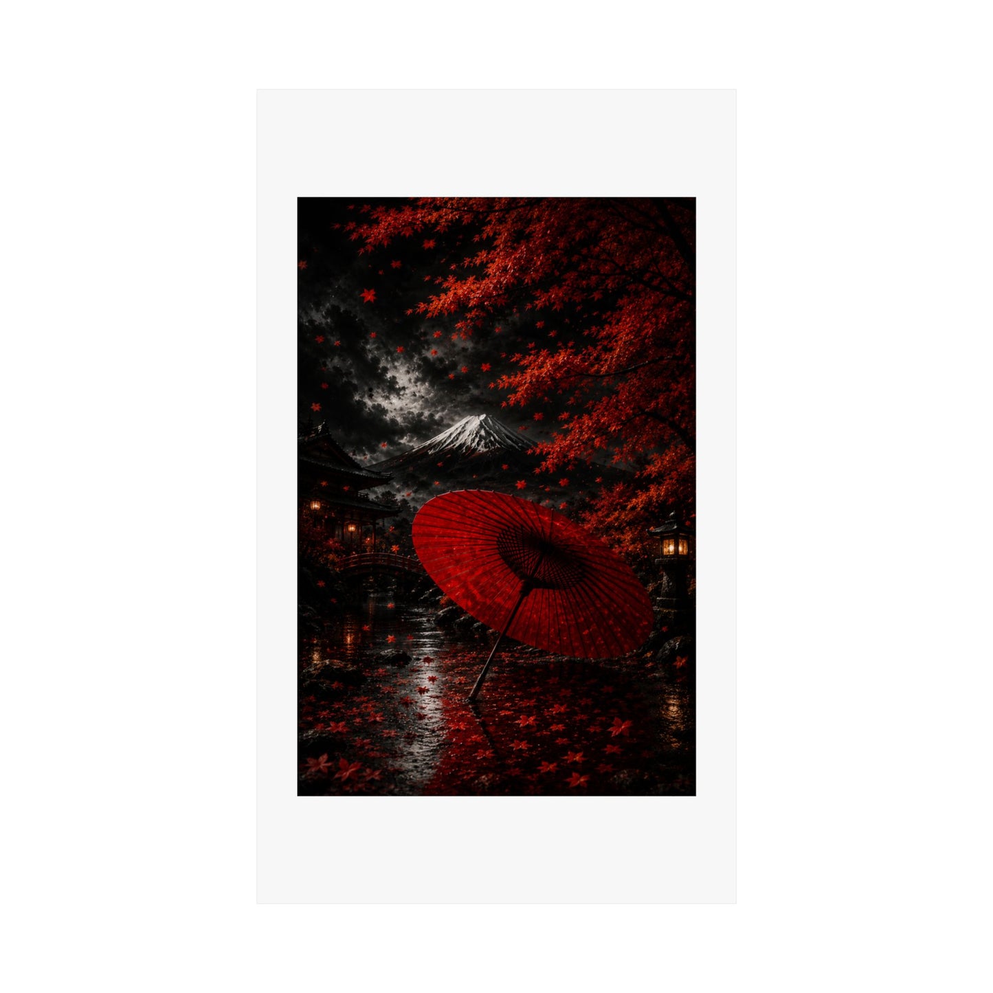 Red Umbrella Autumn Poster — Matte Vertical Japanese Landscape Print