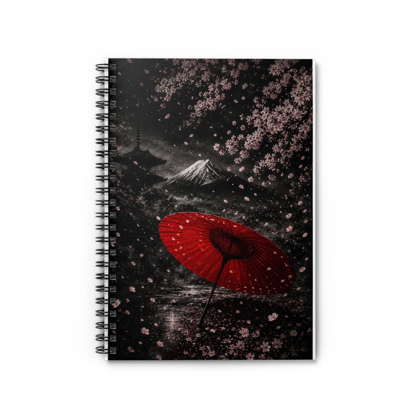 Japanese Cherry Blossom Notebook — Red Umbrella & Mount Fuji Spiral Journal