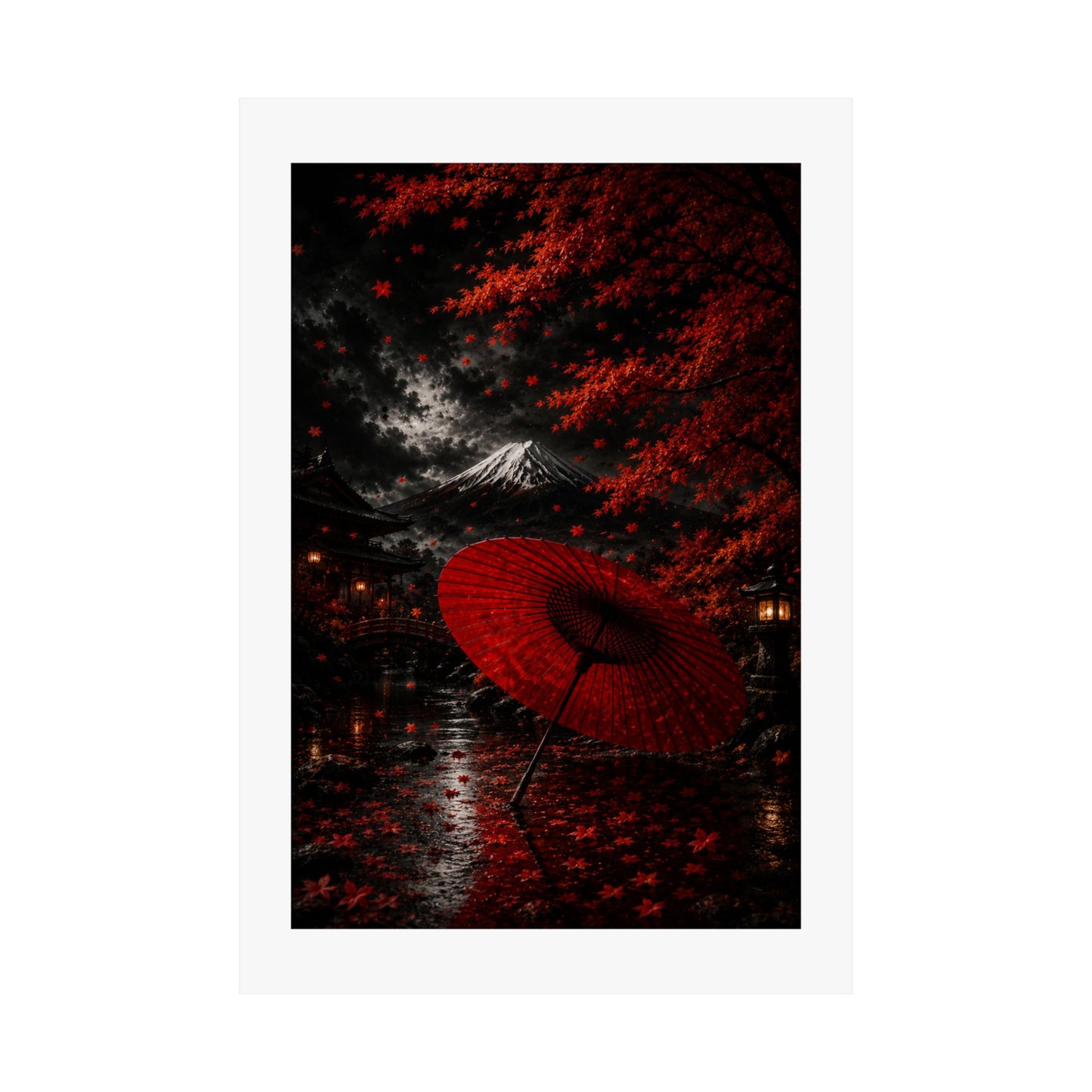 Red Umbrella Autumn Poster — Matte Vertical Japanese Landscape Print