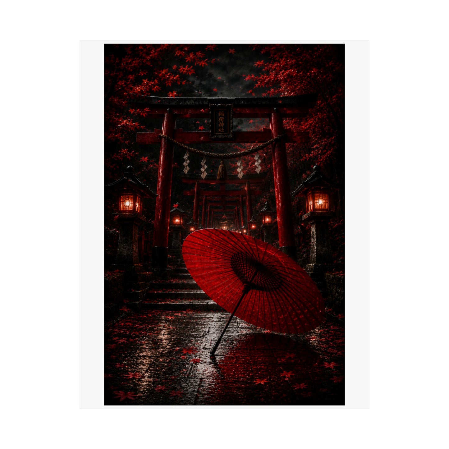 Japanese Torii Gate Poster — Red Umbrella Nightfall Matte Vertical Art