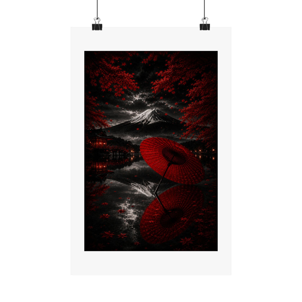 Japanese Red Umbrella & Mount Fuji Matte Poster — Vertical Wall Art