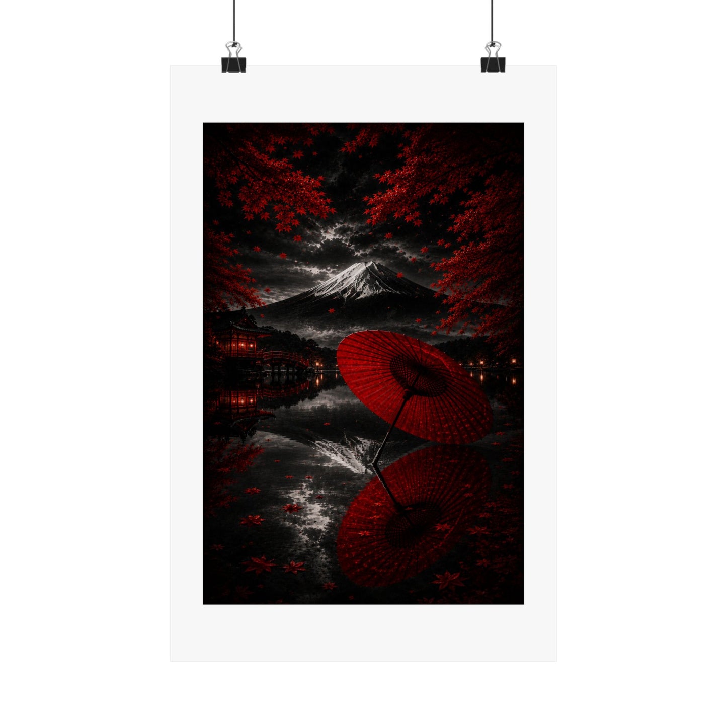 Japanese Red Umbrella & Mount Fuji Matte Poster — Vertical Wall Art